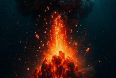 Massive underwater volcanic eruption plume rising through deep ocean darkness near Tonga