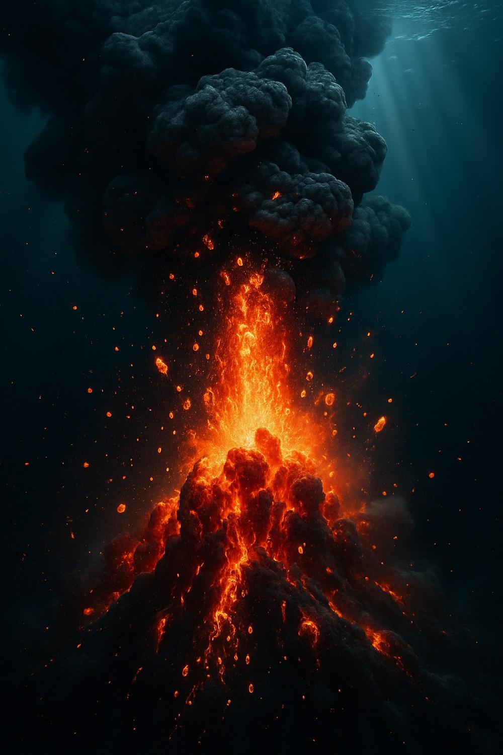 Massive underwater volcanic eruption plume rising through deep ocean darkness near Tonga