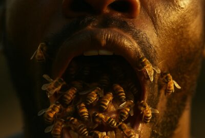 Hundreds of live honeybees crawling across a man's open lips and tongue in dramatic close-up