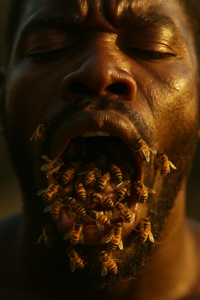 Hundreds of live honeybees crawling across a man's open lips and tongue in dramatic close-up
