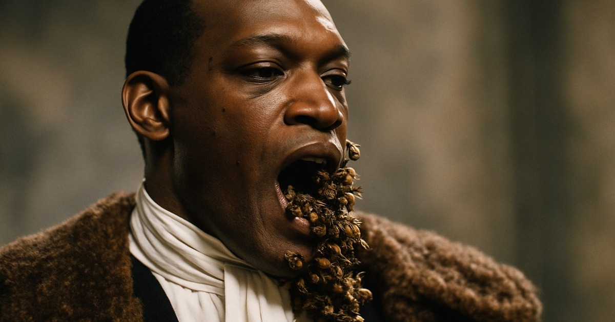 Bee wrangler carefully guiding a swarm of bees on a film production set outdoors