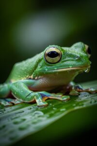 Vibrant green tree frog clinging to a rain-soaked leaf in tropical rainforest