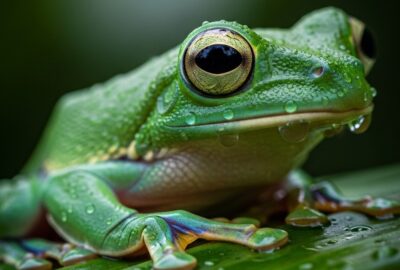 Vibrant green tree frog clinging to a rain-soaked leaf in tropical rainforest