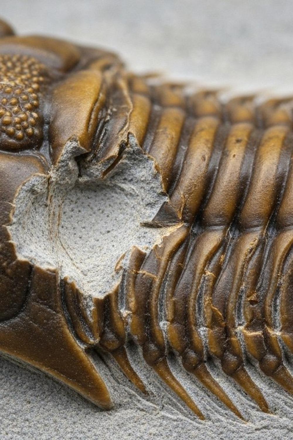 Close-up of a 500-million-year-old trilobite fossil showing healed predator bite damage on thorax
