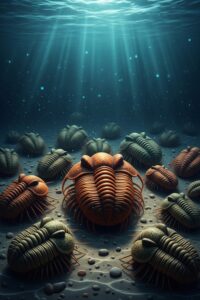 Dense cluster of phacopid trilobite fossils preserved on ancient Devonian rock slab
