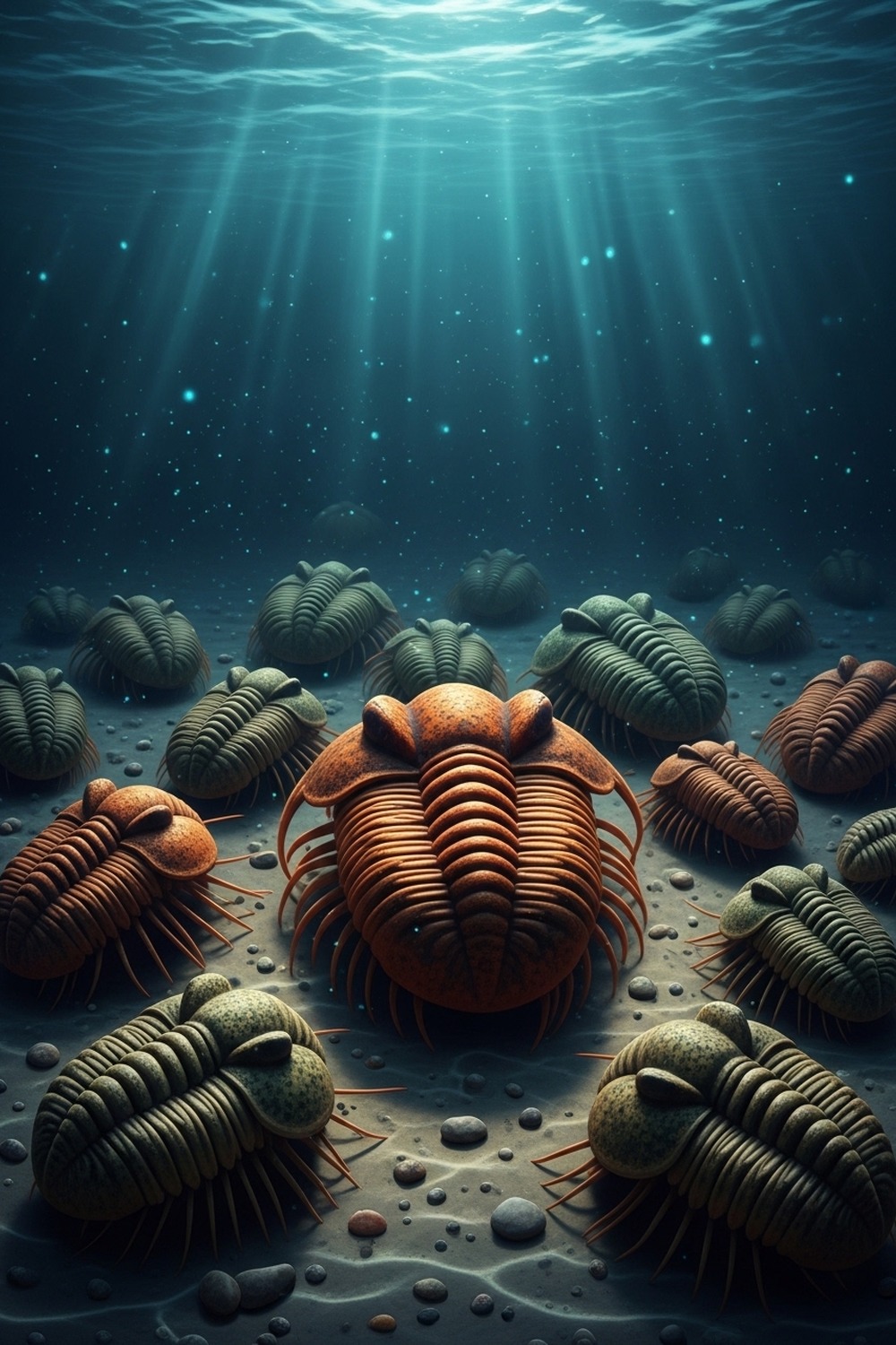 Dense cluster of phacopid trilobite fossils preserved on ancient Devonian rock slab