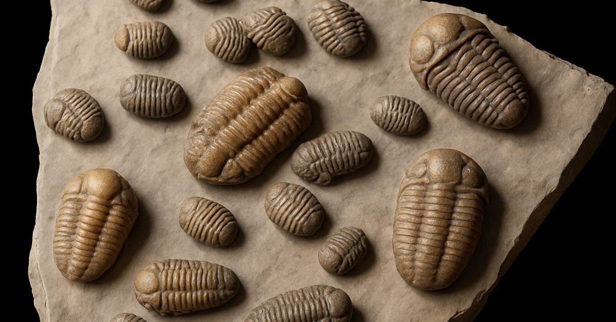 Close-up of individual trilobite fossil showing segmented exoskeleton detail on stone