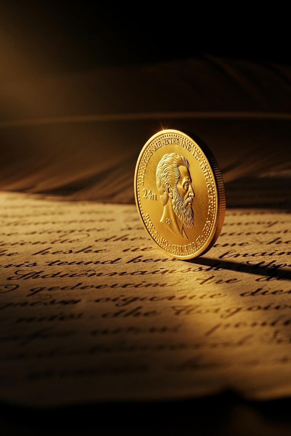 Gleaming 24-karat gold commemorative coin resting on aged parchment with American founding-era documents