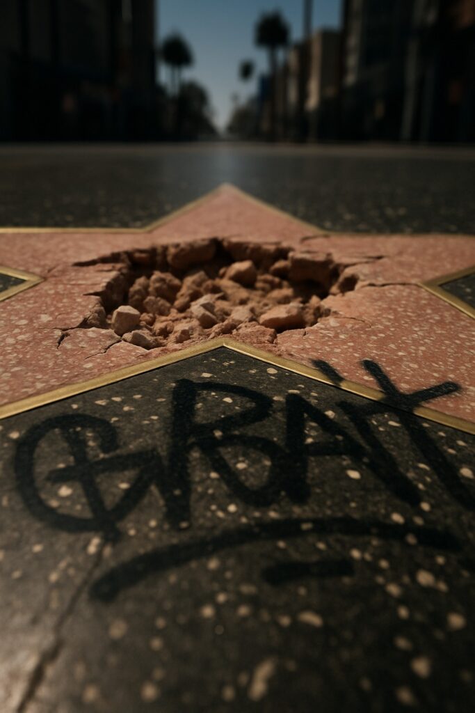 Smashed and graffiti-covered Trump Hollywood Walk of Fame star on Boulevard sidewalk