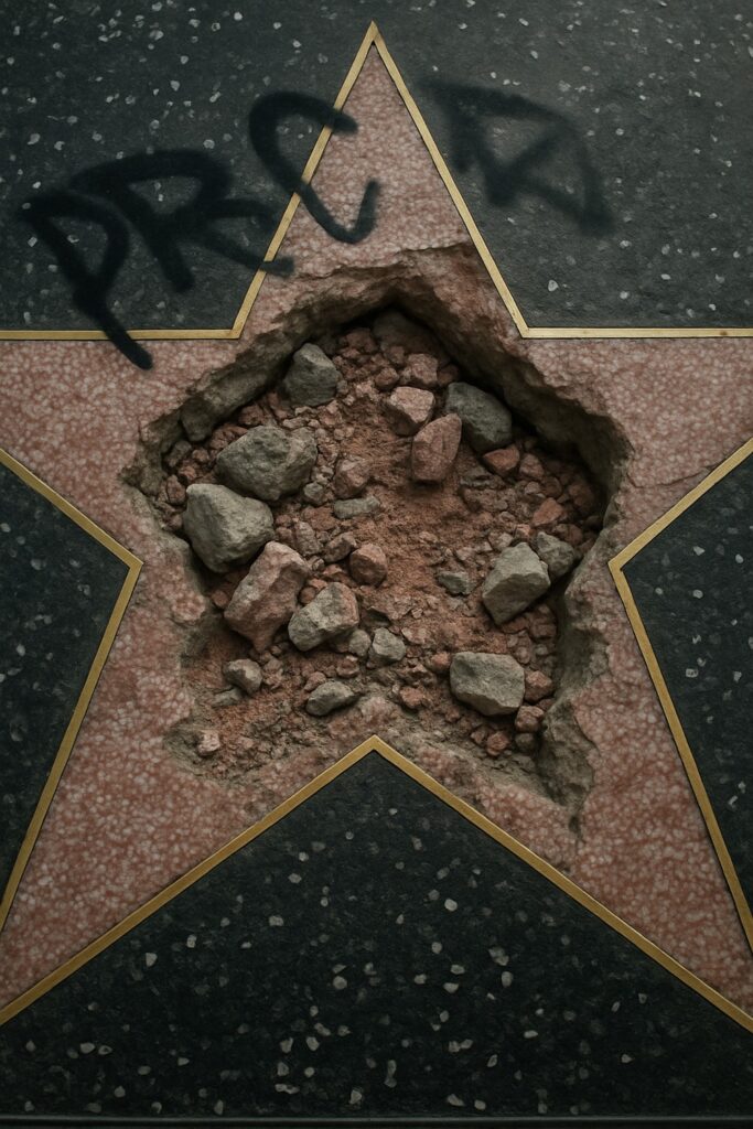 Trump's Hollywood Walk of Fame star smashed open, rubble and graffiti visible
