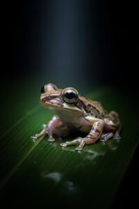 Tiny túngara frog female pressed still against wet leaf in rainforest breeding pool