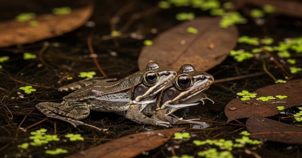 Male túngara frog calling loudly beside muddy puddle on rainy Central American night