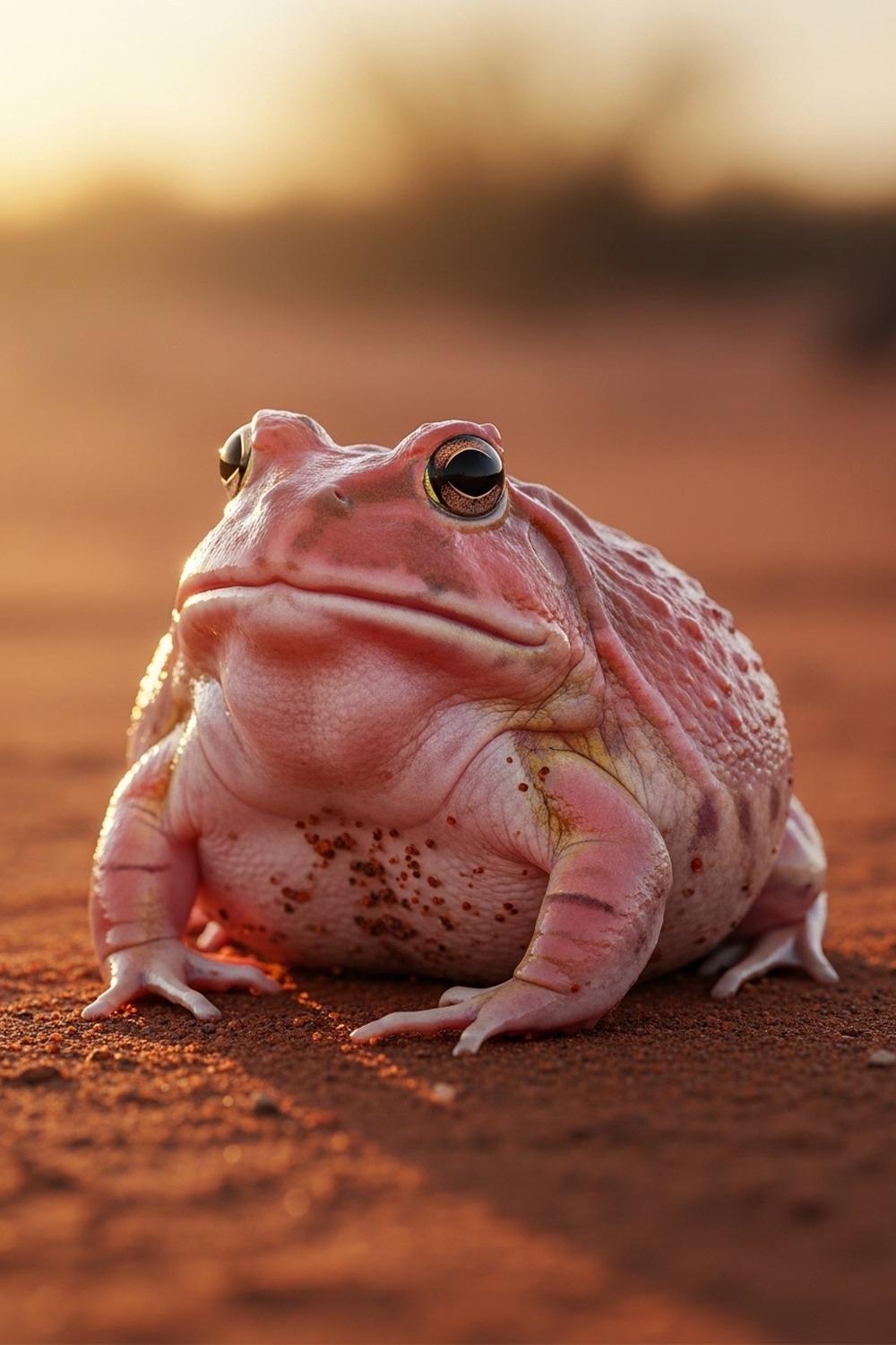 Close-up of a pink turtle frog Myobatrachus gouldii emerging from dry Australian sand