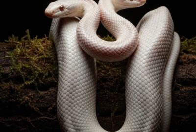 A rare two-headed albino snake coiled on a branch in soft natural light