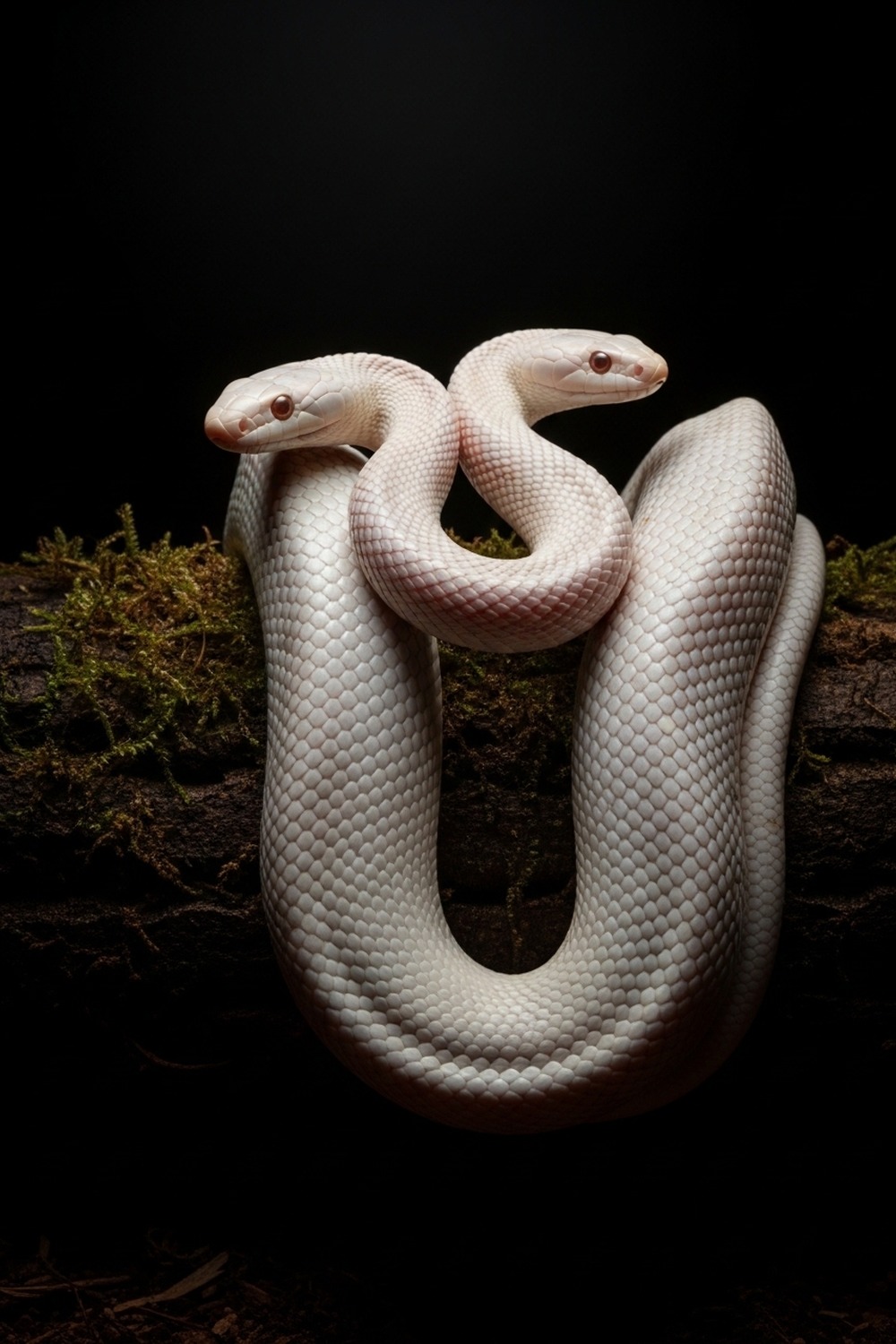A rare two-headed albino snake coiled on a branch in soft natural light
