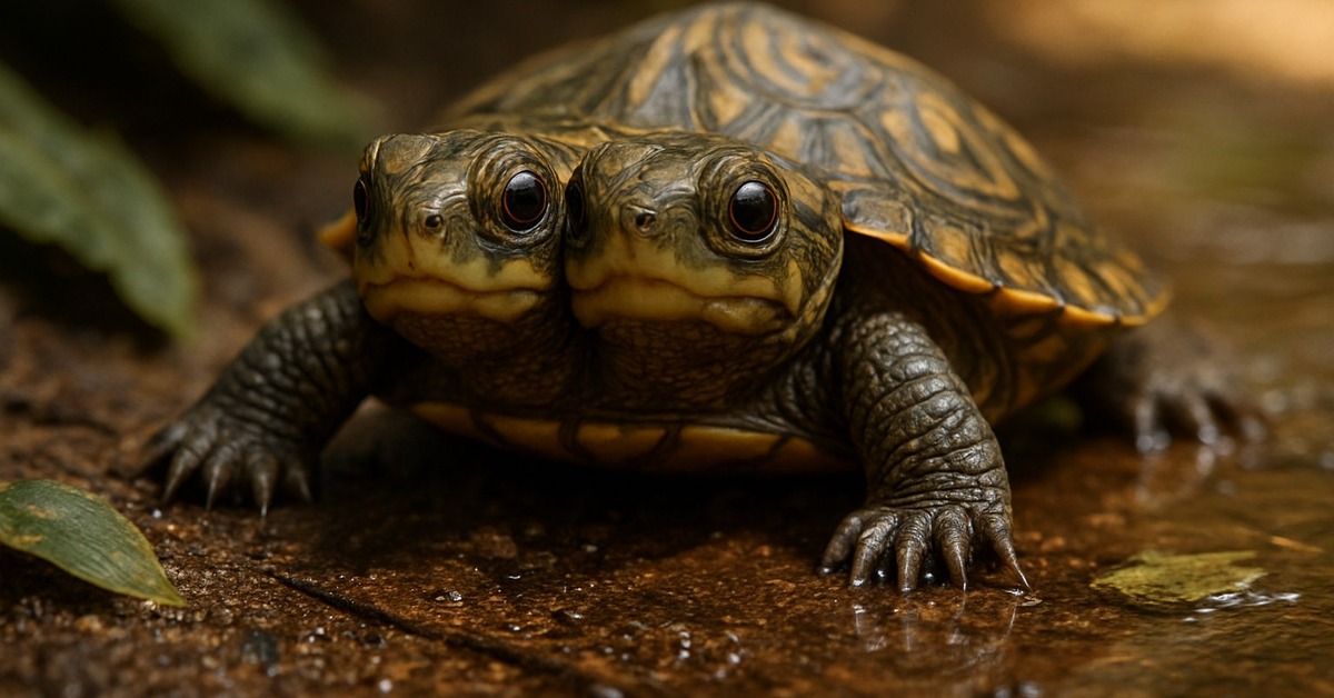 Close-up of a two-headed turtle resting on a mossy rock near water