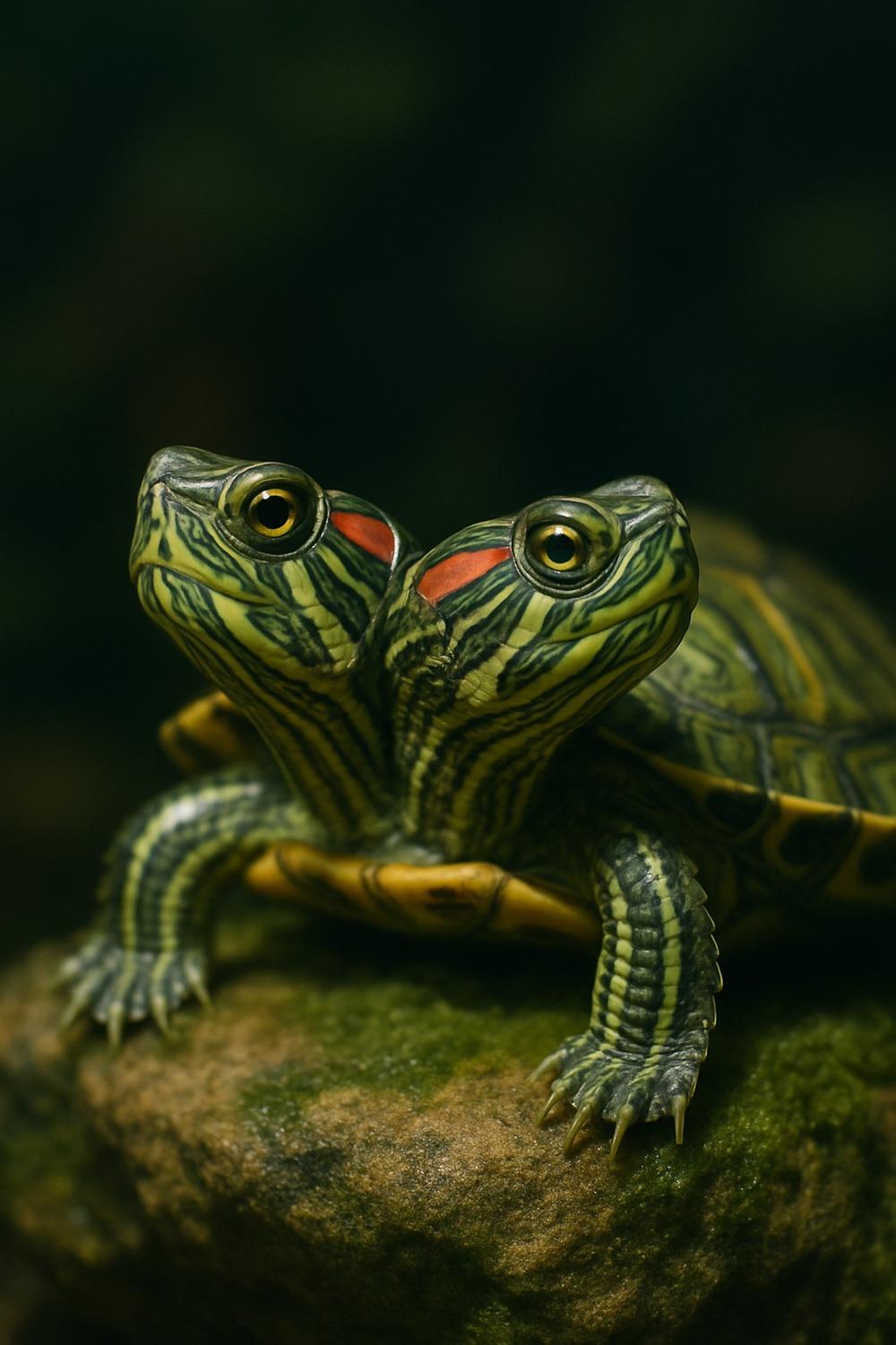A rare two-headed red-eared slider turtle resting on a rock in captivity