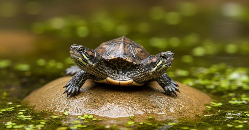 Close-up of a bicephalic turtle showing both heads facing different directions