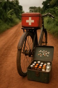 Weathered medical bicycle with red first-aid box and open medicine case on a rural Uganda dirt path