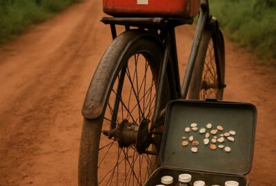 Weathered medical bicycle with red first-aid box and open medicine case on a rural Uganda dirt path
