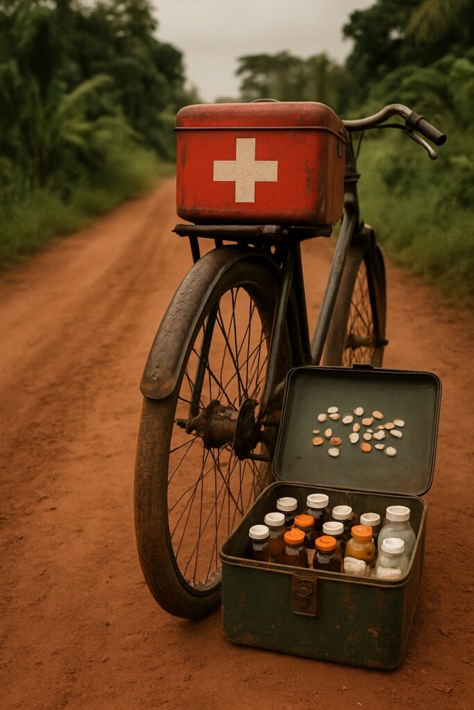 Weathered medical bicycle with red first-aid box and open medicine case on a rural Uganda dirt path