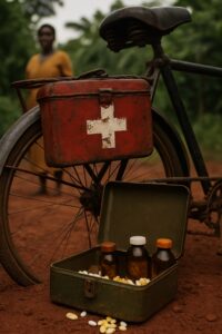 Weathered bicycle with red medical kit box and open medicine case on Uganda dirt road