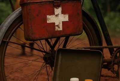 Weathered bicycle with red medical kit box and open medicine case on Uganda dirt road