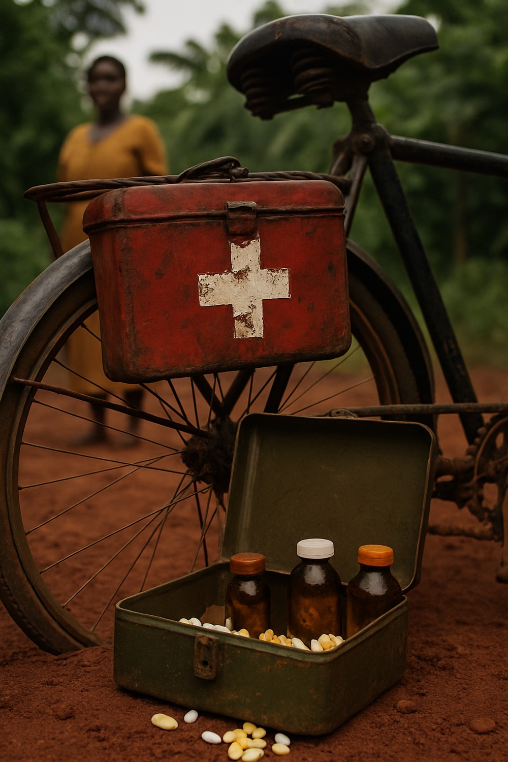 Weathered bicycle with red medical kit box and open medicine case on Uganda dirt road