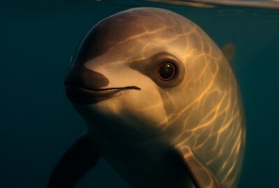 A small vaquita porpoise surfacing at golden hour in the Gulf of California