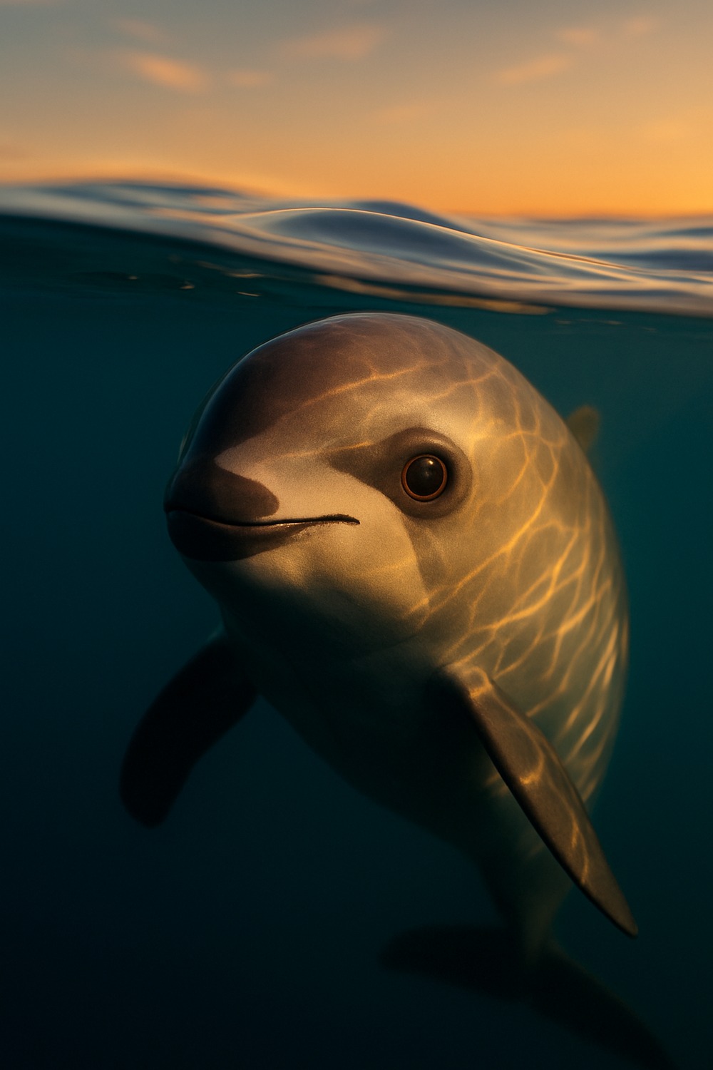 A small vaquita porpoise surfacing at golden hour in the Gulf of California