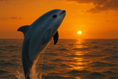 Vaquita porpoise breaching at golden sunset in Gulf of California warm waters