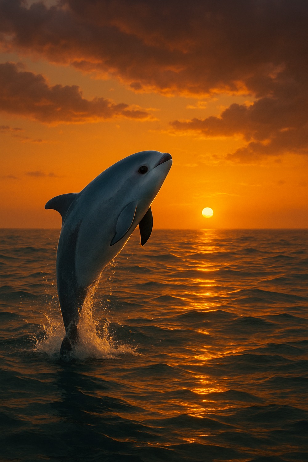 Vaquita porpoise breaching at golden sunset in Gulf of California warm waters