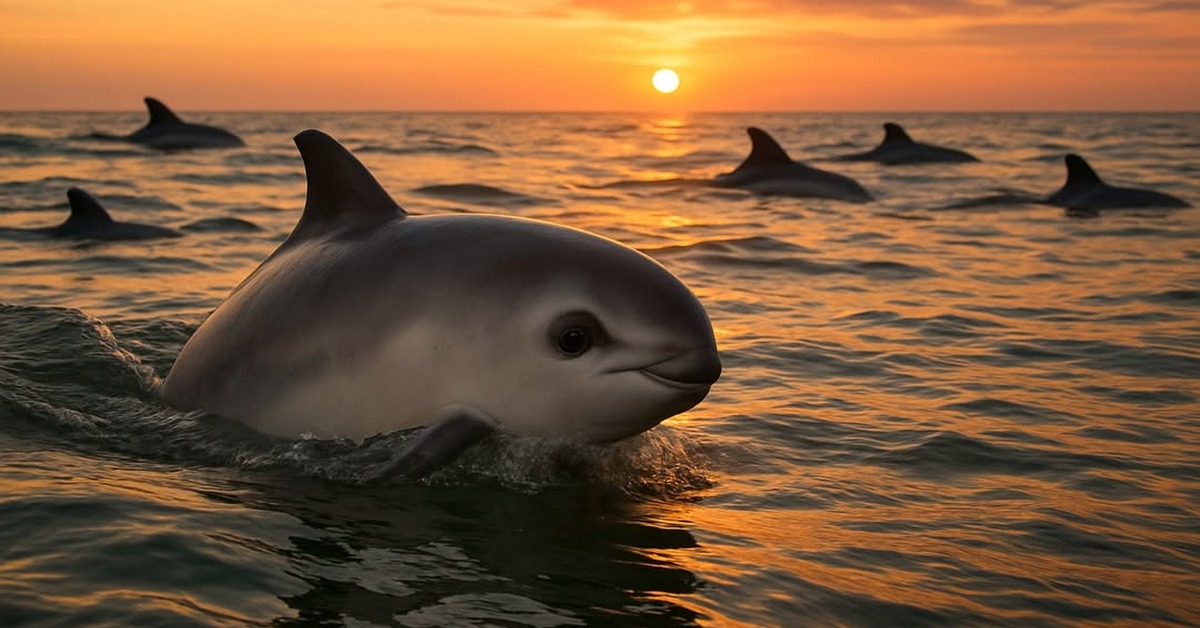 Pod of vaquita porpoises with dorsal fins cutting through deep teal ocean at dusk