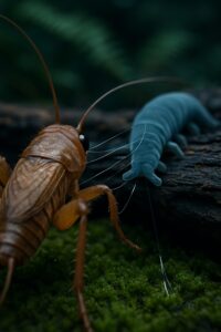 Velvet worm shooting adhesive slime threads at a cricket on mossy log