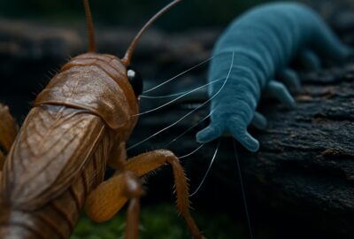 Velvet worm shooting adhesive slime threads at a cricket on mossy log