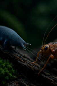 Velvet worm firing adhesive slime strands at a brown cricket on mossy forest floor