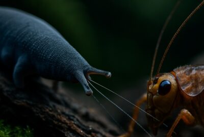 Velvet worm firing adhesive slime strands at a brown cricket on mossy forest floor