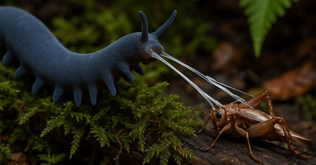 Close overhead view of velvet worm pinning glued cricket to dark decomposing wood