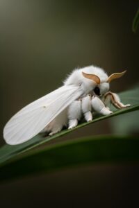 Extremely fluffy white Venezuelan poodle moth perched on a dark rainforest leaf