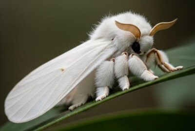 Extremely fluffy white Venezuelan poodle moth perched on a dark rainforest leaf