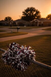 Dramatic shadowy image of a suburban Texas neighborhood at dusk with cheerleading pom-poms in foreground