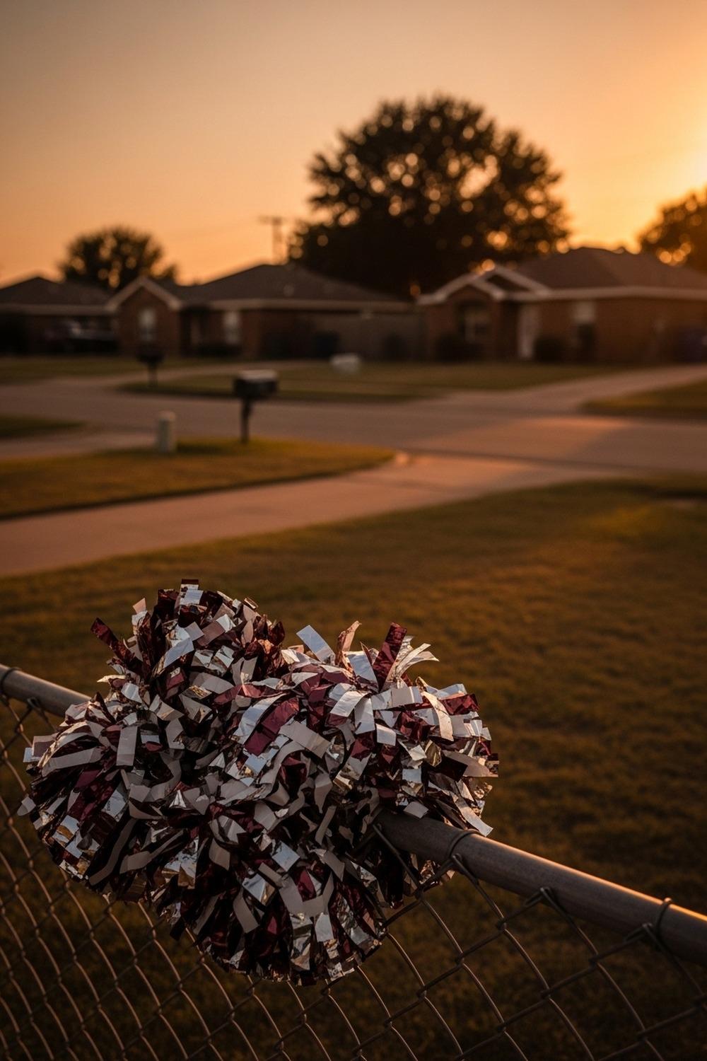 Dramatic shadowy image of a suburban Texas neighborhood at dusk with cheerleading pom-poms in foreground