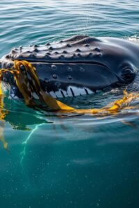 Humpback whale balancing a ribbon of kelp on its broad flat rostrum in the ocean