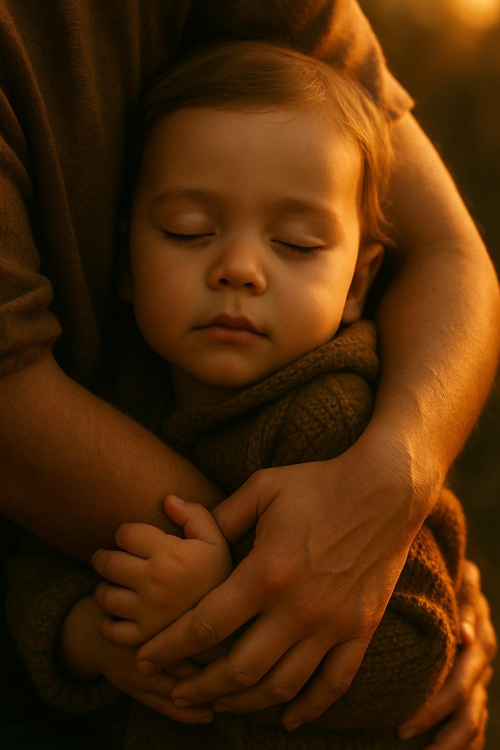 A parent embracing a young child in a warm, tender hug outdoors in golden light