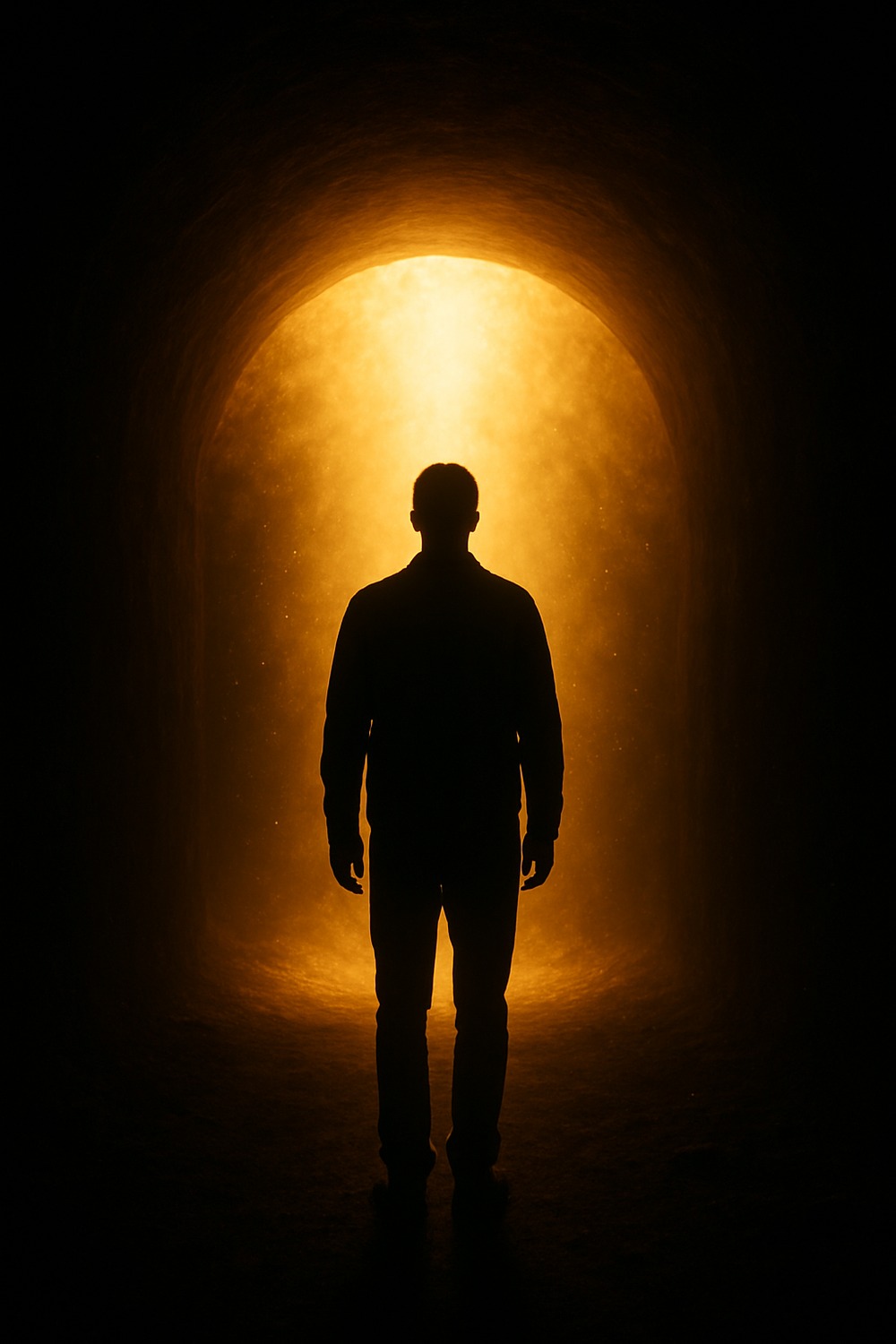 A lone human figure bathed in ethereal golden light inside a dark endless tunnel