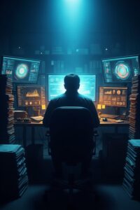 A lone moderator working at a glowing screen in a dark office room