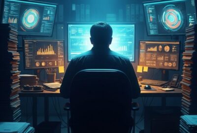 A lone moderator working at a glowing screen in a dark office room