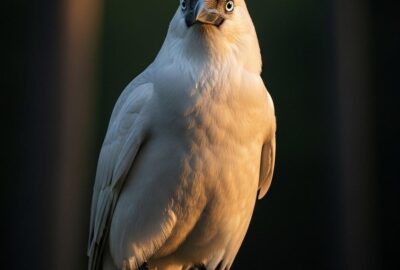 Rare white crow perched on a branch, pale feathers glowing against dark forest background