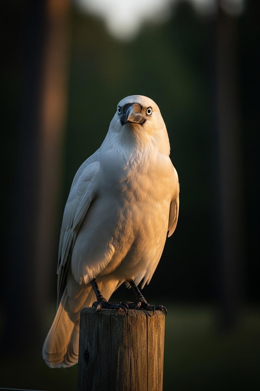 Rare white crow perched on a branch, pale feathers glowing against dark forest background