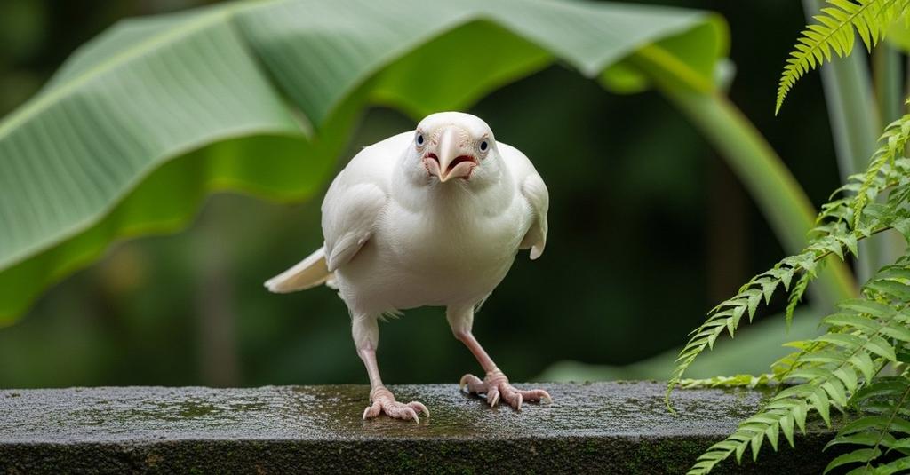 Close-up of a leucistic white crow fledgling with dark eyes resting on a human hand